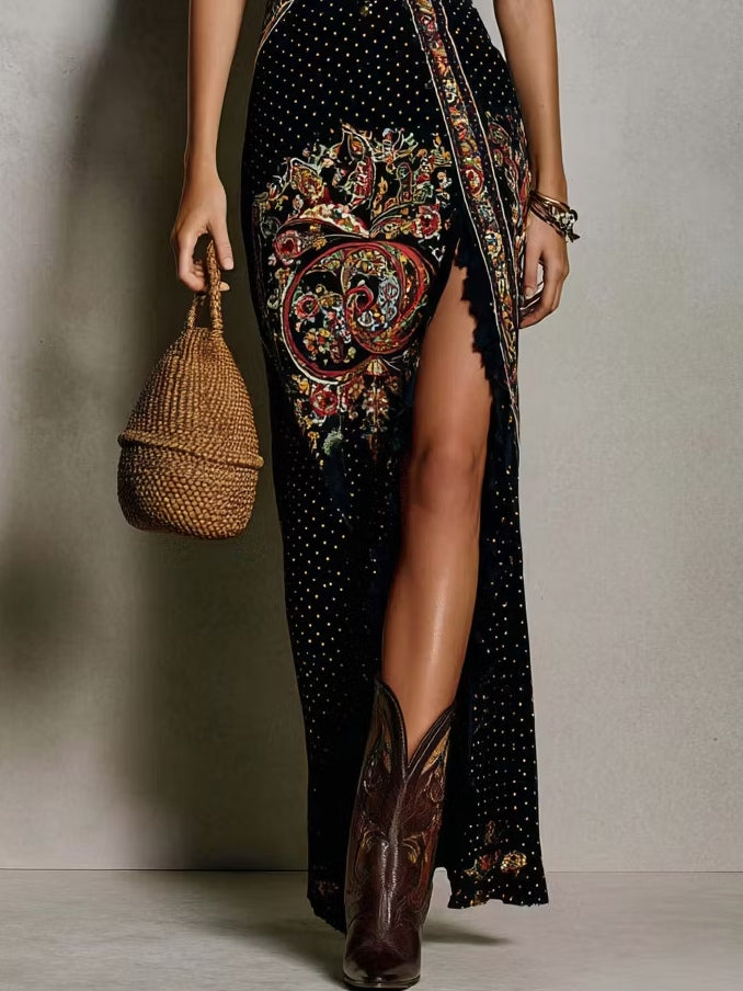 Rita - Vestido Impresso de Estilo Boémio com Decote em V Profundo e Grande Abertura para Mulher