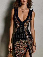 Rita - Vestido Impresso de Estilo Boémio com Decote em V Profundo e Grande Abertura para Mulher