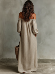 Madalena | Vestido Comprido em Algodão e Linho com Ombros Descobertos