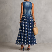 Rusca - Elegante vestido longo sem mangas de denim falso com bolinhas para Mulher