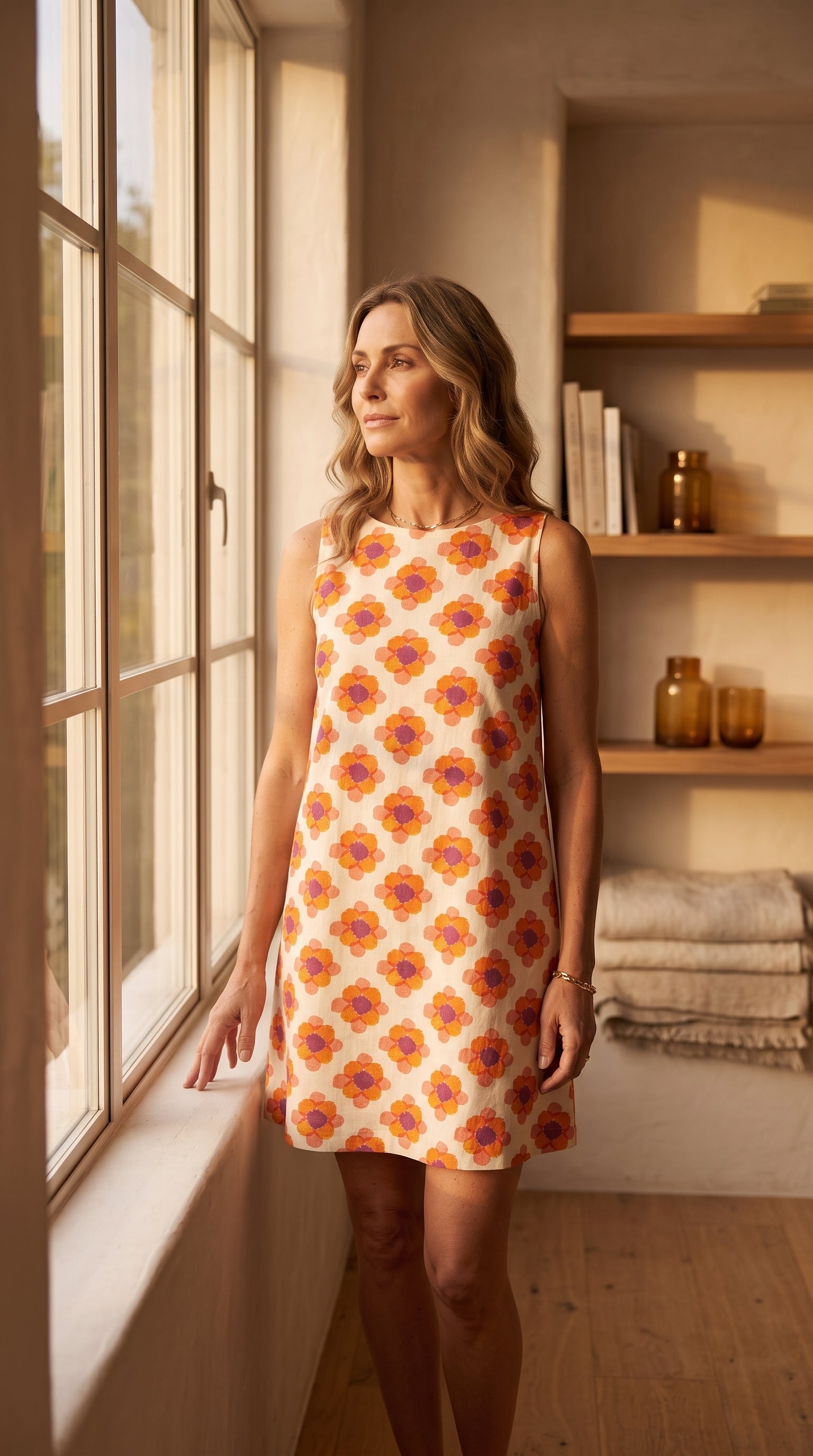 Marguerite — Vestido trapézio curto, estampado floral retro para Mulher