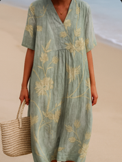 Cristina - Vestido Azul-Cinzento com Bordado Floral