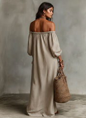 Carmen | Vestido longo de algodão e linho com ombros descobertos para Mulher
