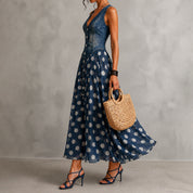 Rusca - Elegante vestido longo sem mangas de denim falso com bolinhas para Mulher