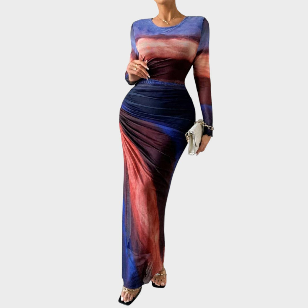 Amélia - Vestido maxi justo com mangas compridas