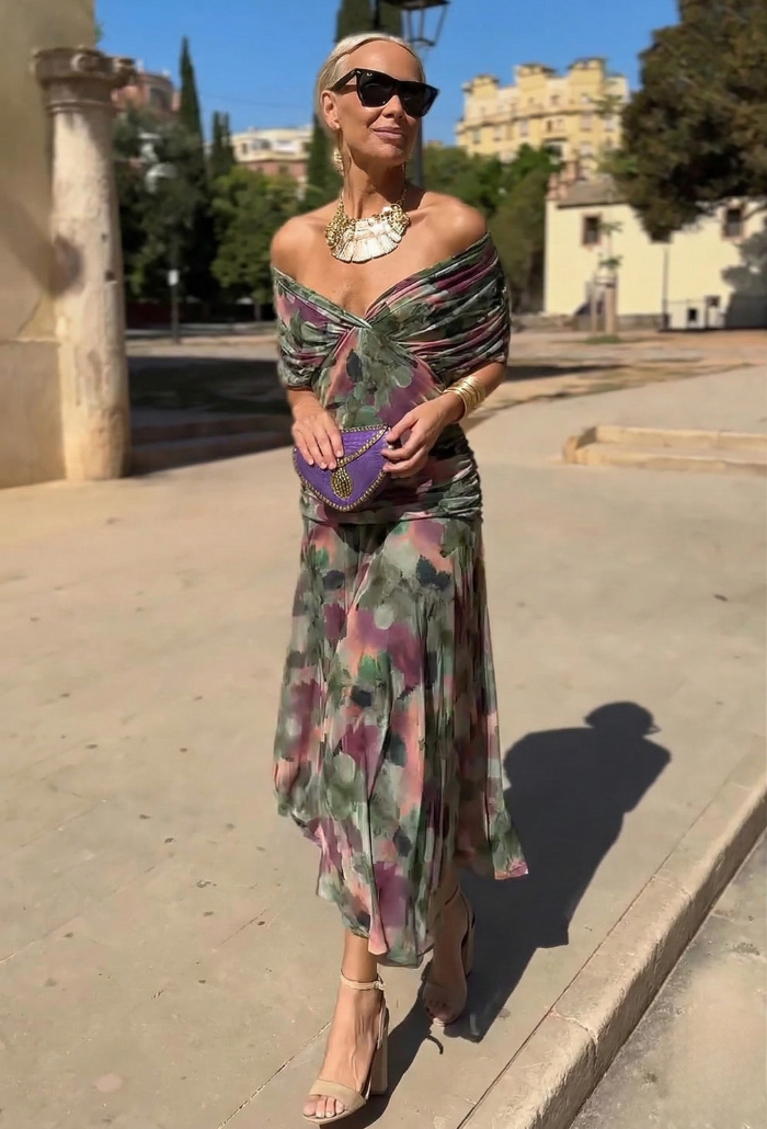 Alondra - Vestido longo de Mulher com estampa floral e decote em V