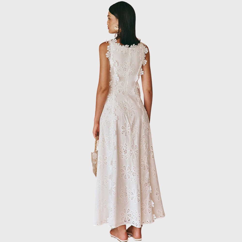 Aribela - Vestido longo com bordas bordadas florais