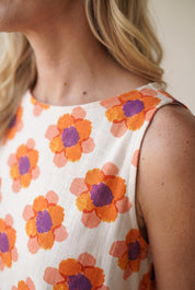 Marguerite — Vestido trapézio curto, estampado floral retro para Mulher