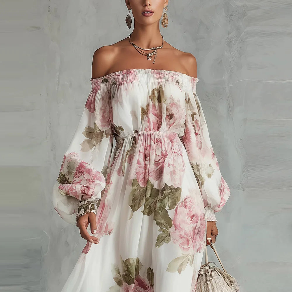 Pivoine | Vestido Maxi Floral com Ombros Descobertos, Mangas Longas para Mulher