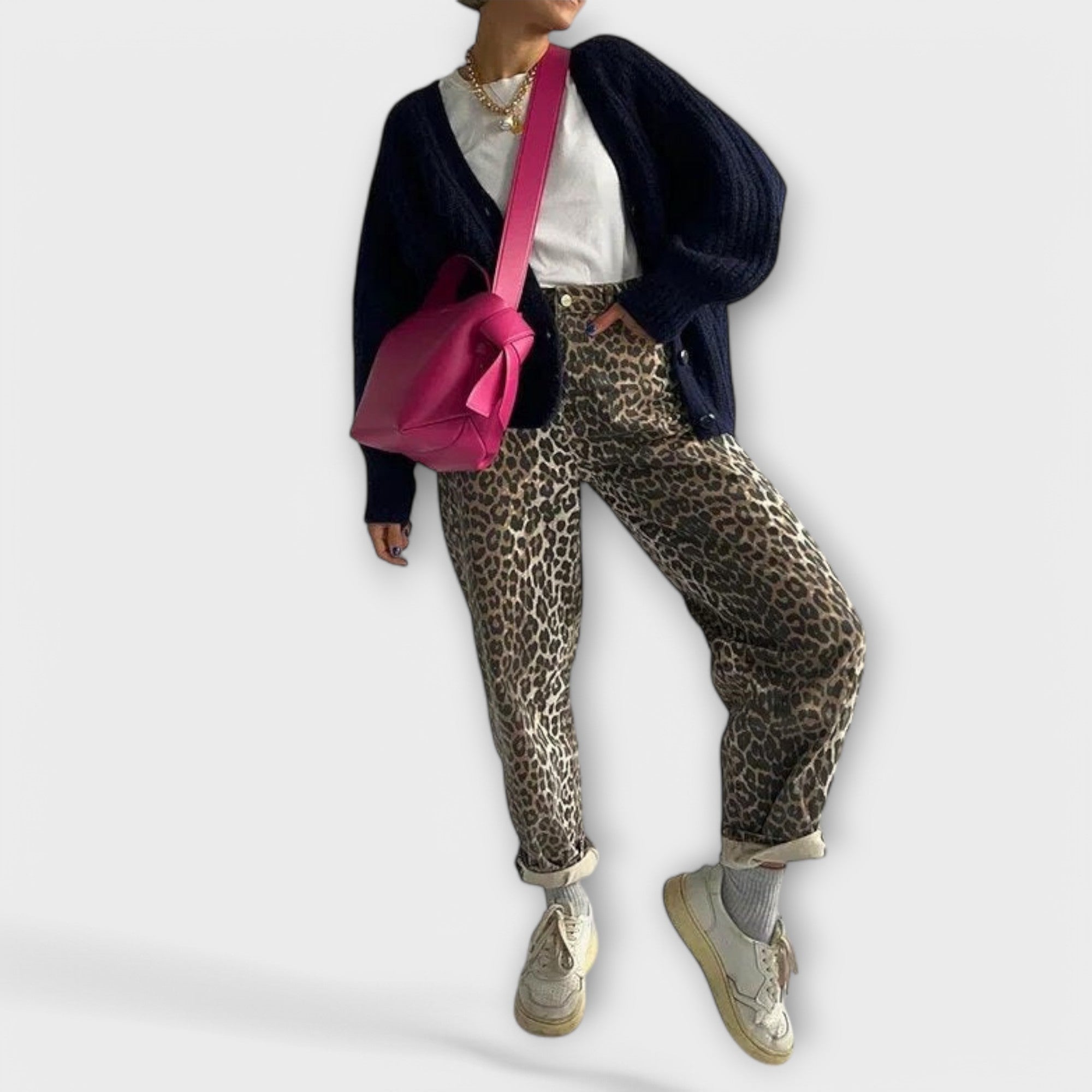 Carina - Calças de ganga vintage com estampado de leopardo