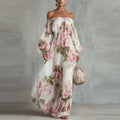 Pivoine | Vestido Maxi Floral com Ombros Descobertos, Mangas Longas para Mulher