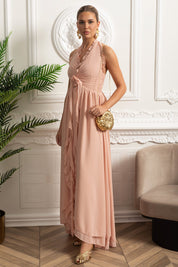 Catarina | Vestido Maxi Halter com Detalhe Rosette — Rosa