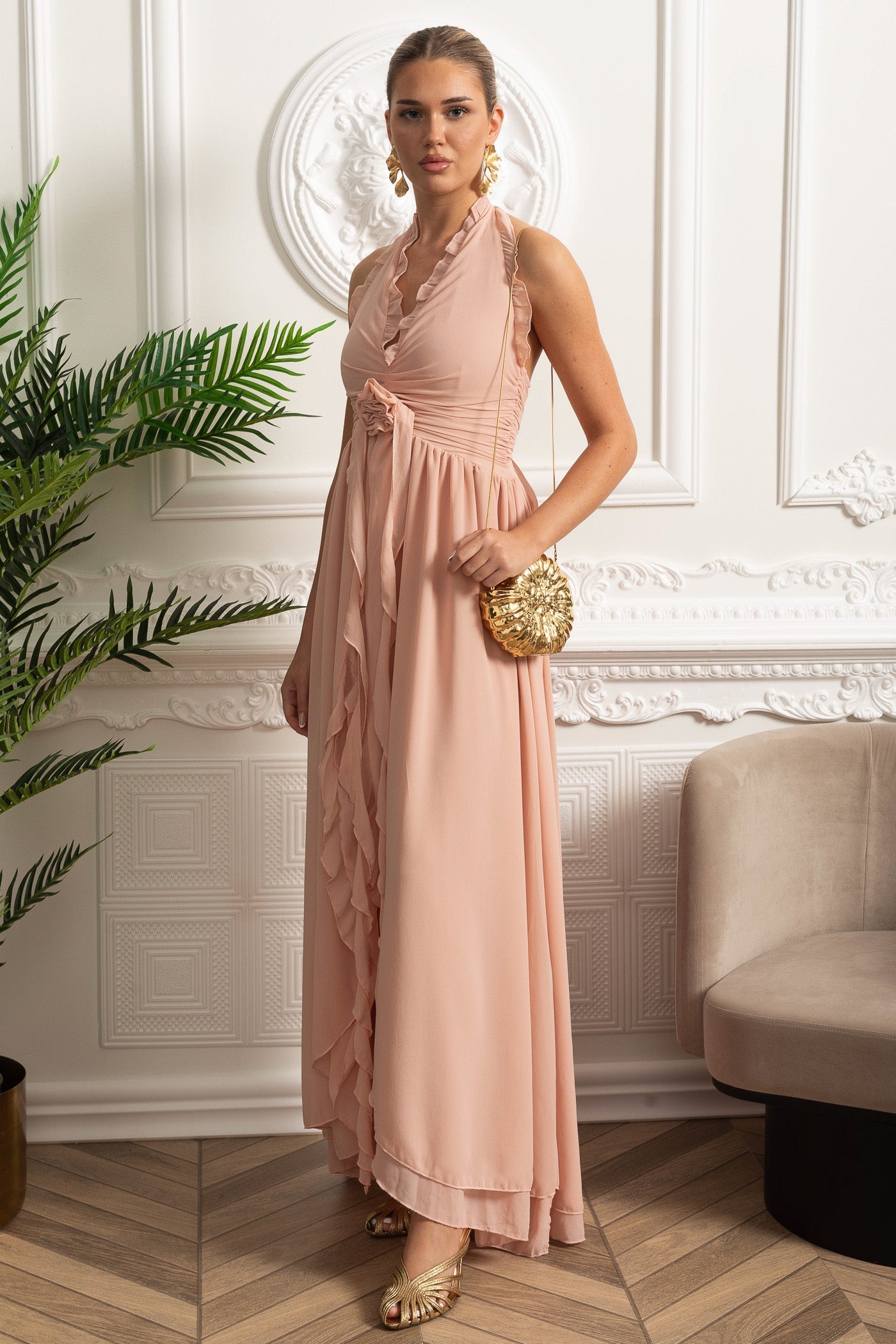 Catarina | Vestido Maxi Halter com Detalhe Rosette — Rosa