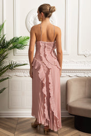 Filipa | Vestido Midi Plissado Halter com Babados em Cascata — Rosa