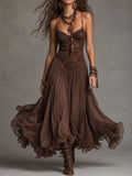 Natalia - Vestido Maxi de Chiffon com Painéis de Renda Castanho Escuro para Mulher