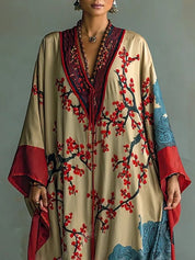Zaki - Vestido Maxi com Impressão de Flor de Ameixa Vermelha Japonesa