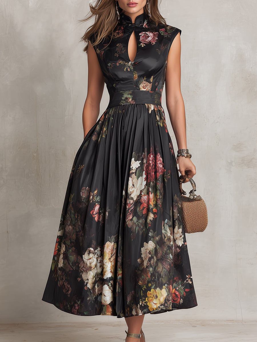 Dunora - Vestido Midi de Cetim Plissado Floral com Gola para Mulher