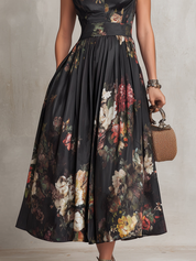 Dunora - Vestido Midi de Cetim Plissado Floral com Gola para Mulher