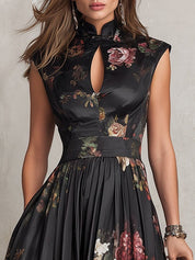 Dunora - Vestido Midi de Cetim Plissado Floral com Gola para Mulher