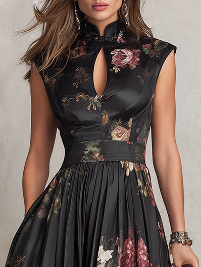 Dunora - Vestido Midi de Cetim Plissado Floral com Gola para Mulher