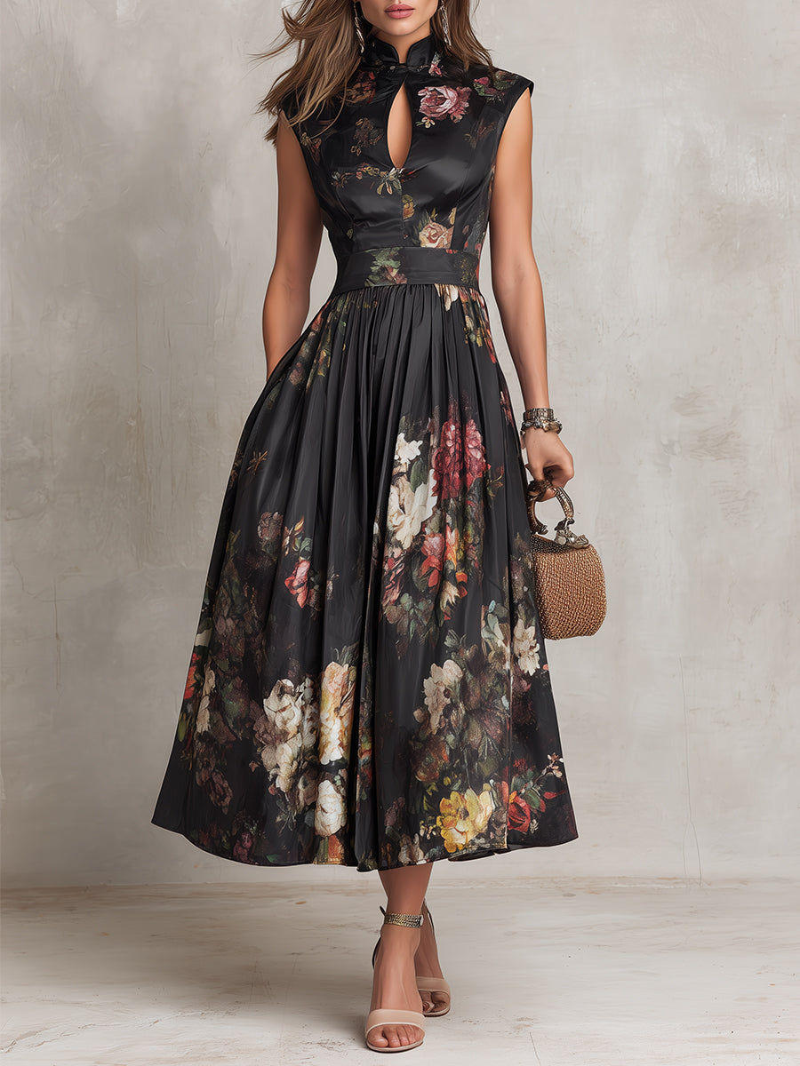 Dunora - Vestido Midi de Cetim Plissado Floral com Gola para Mulher