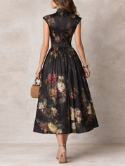 Dunora - Vestido Midi de Cetim Plissado Floral com Gola para Mulher