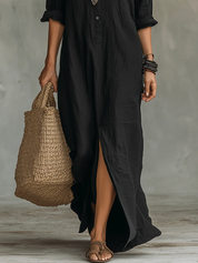 Inês | Vestido Maxi Preto Comprido com Botões