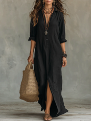 Mariana | Vestido Maxi Preto Comprido com Botões