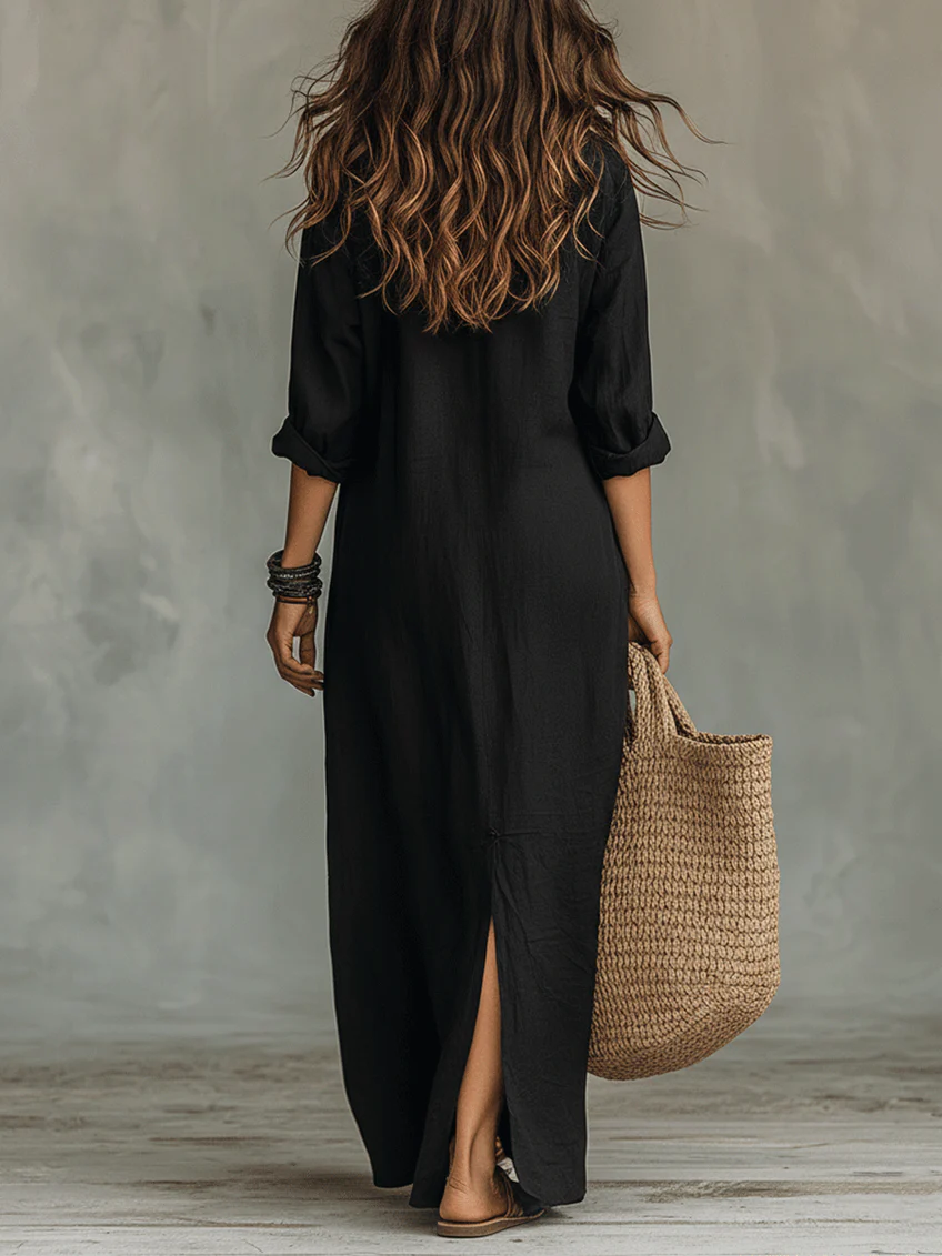 Mariana | Vestido Maxi Preto Comprido com Botões