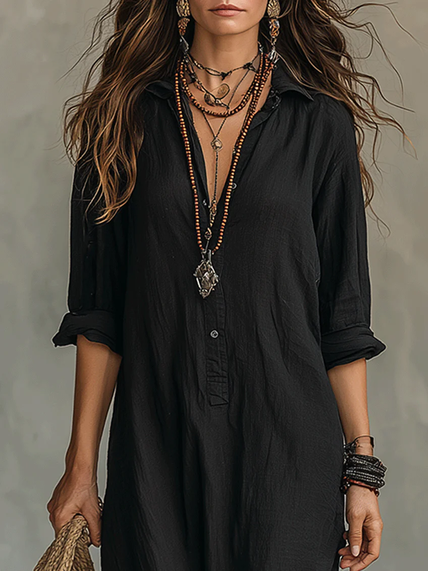 Mariana | Vestido Maxi Preto Comprido com Botões