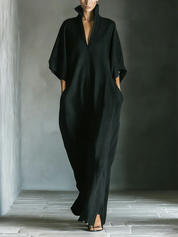 Caro - Vestido Maxi Preto Minimalista com Mangas de Quimono para Mulher