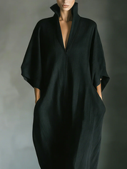 Caro - Vestido Maxi Preto Minimalista com Mangas de Quimono para Mulher