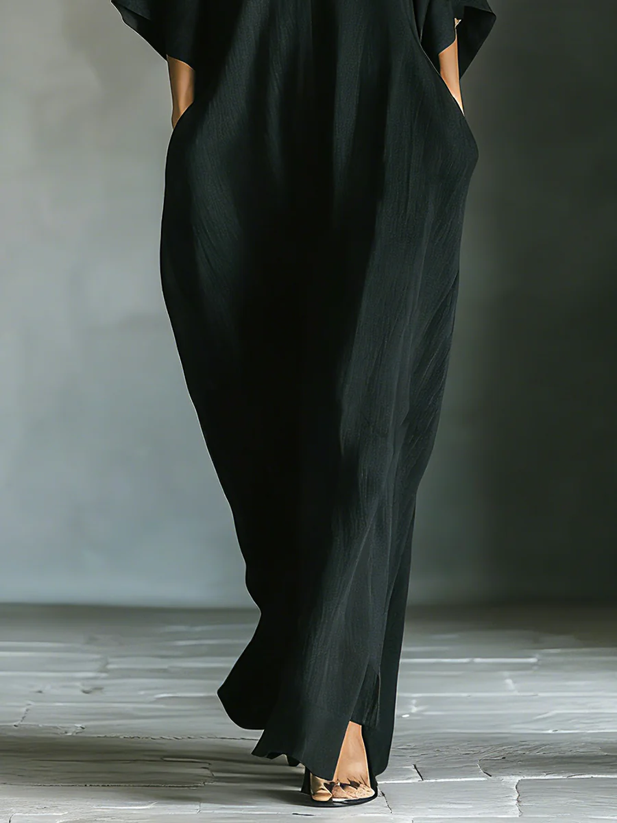 Caro - Vestido Maxi Preto Minimalista com Mangas de Quimono para Mulher