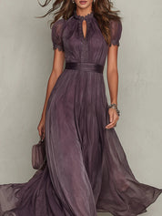 Florbela | Vestido Maxi em Chiffon Roxo com Renda e Decote Gota Vintage