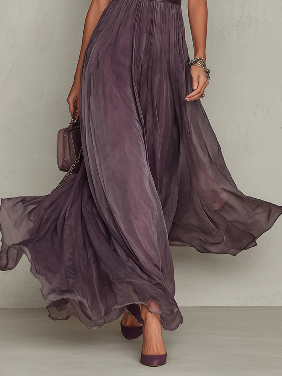 Florbela | Vestido Maxi em Chiffon Roxo com Renda e Decote Gota Vintage