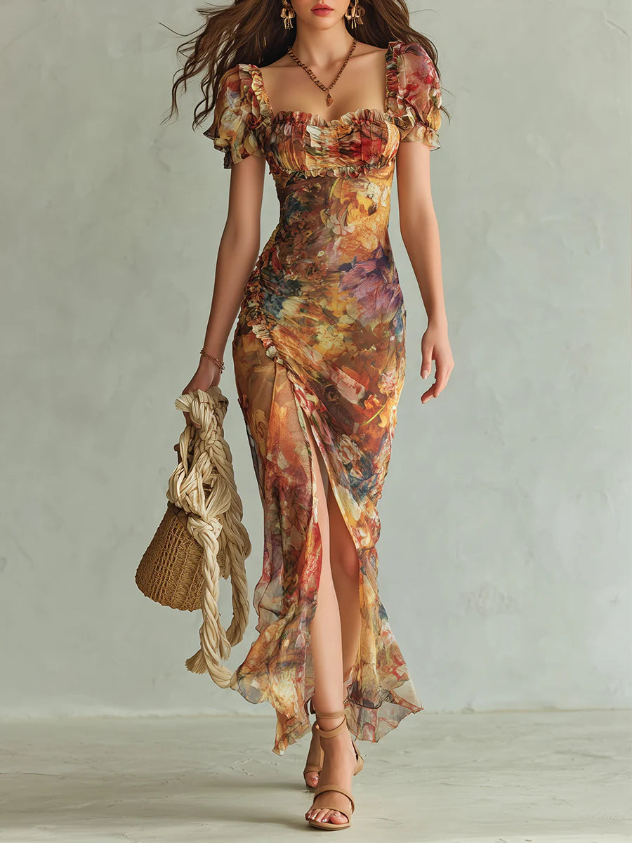 Seraphine | Vestido maxi com estampa pictórica floral e saia fluida para Mulher