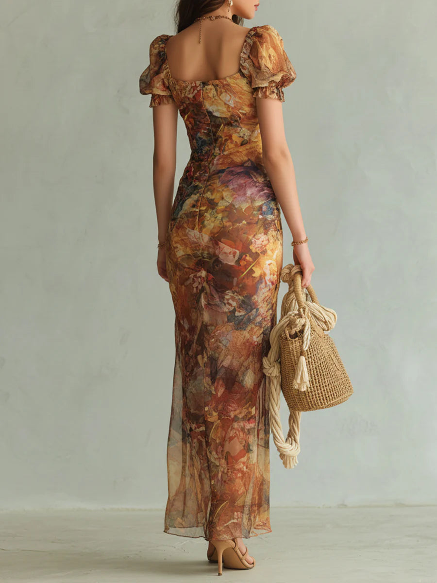 Seraphine | Vestido maxi com estampa pictórica floral e saia fluida para Mulher