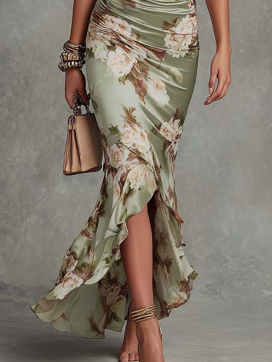 Anastasia | Vestido Longo em Cetim com Estampa Floral para Mulher