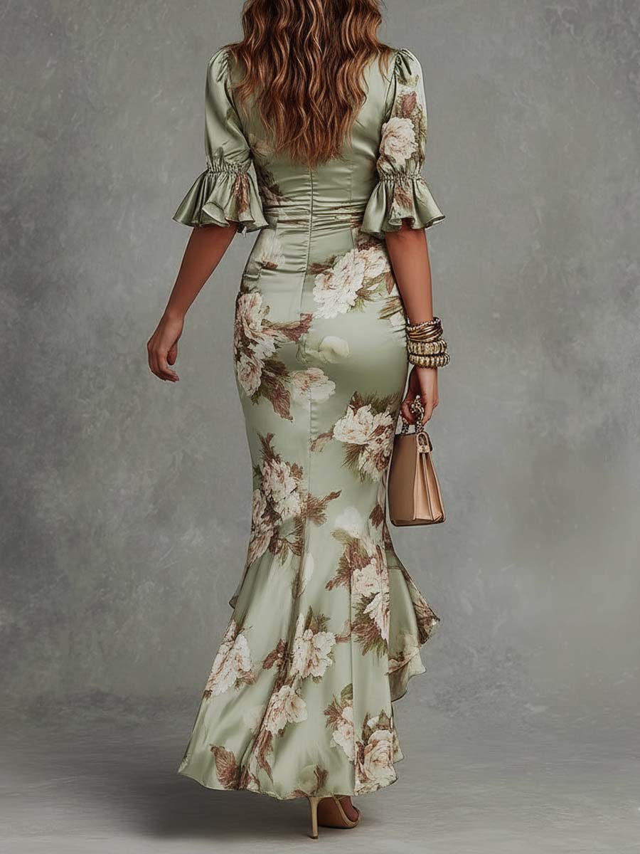 Anastasia | Vestido Longo em Cetim com Estampa Floral para Mulher
