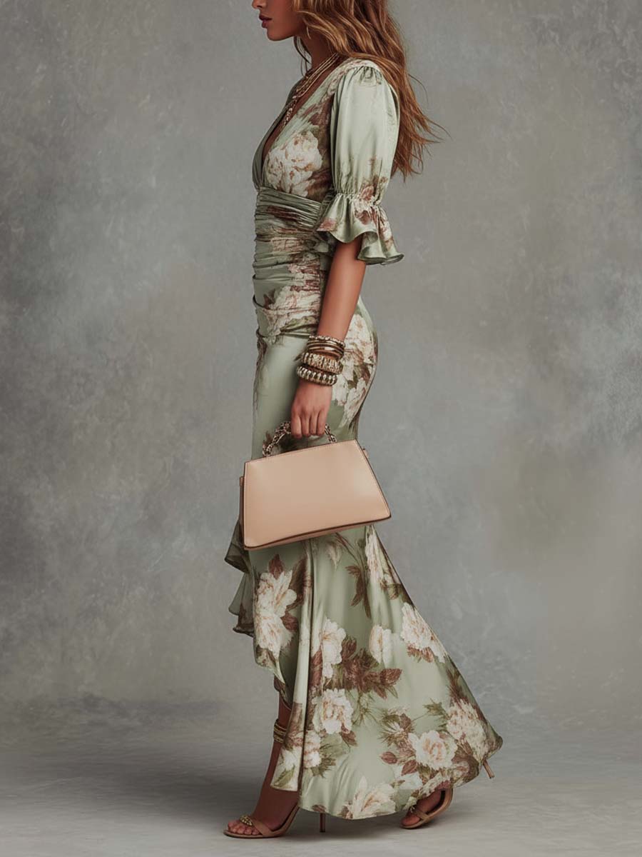 Anastasia | Vestido Longo em Cetim com Estampa Floral para Mulher