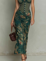 Ronda - Vestido Maxi com Estampado Floral e Renda Retro