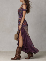 Druida - Vestido Maxi Floral com Estampa de Leopardo Nómada Urbano em Roxo com Fenda Alta para Mulher