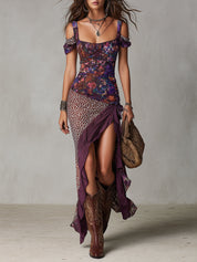 Druida - Vestido Maxi Floral com Estampa de Leopardo Nómada Urbano em Roxo com Fenda Alta para Mulher