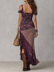 Druida - Vestido Maxi Floral com Estampa de Leopardo Nómada Urbano em Roxo com Fenda Alta para Mulher