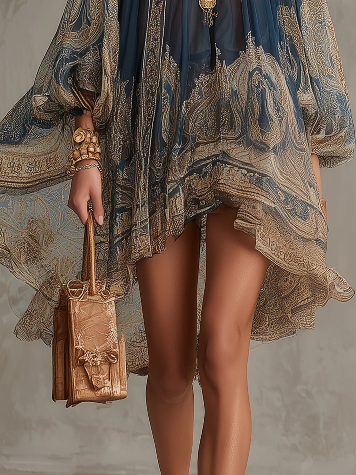 Marianna | Mini vestido em chiffon azul marinho com estampa barroca dourada para Mulher