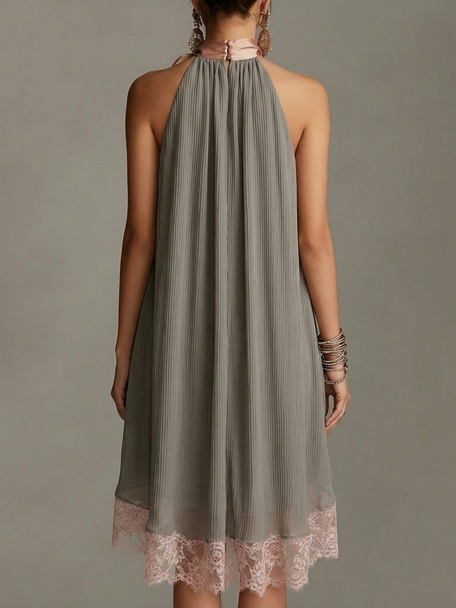 Beatrice | Mini vestido cinza em satin com laço rosa e renda para Mulher