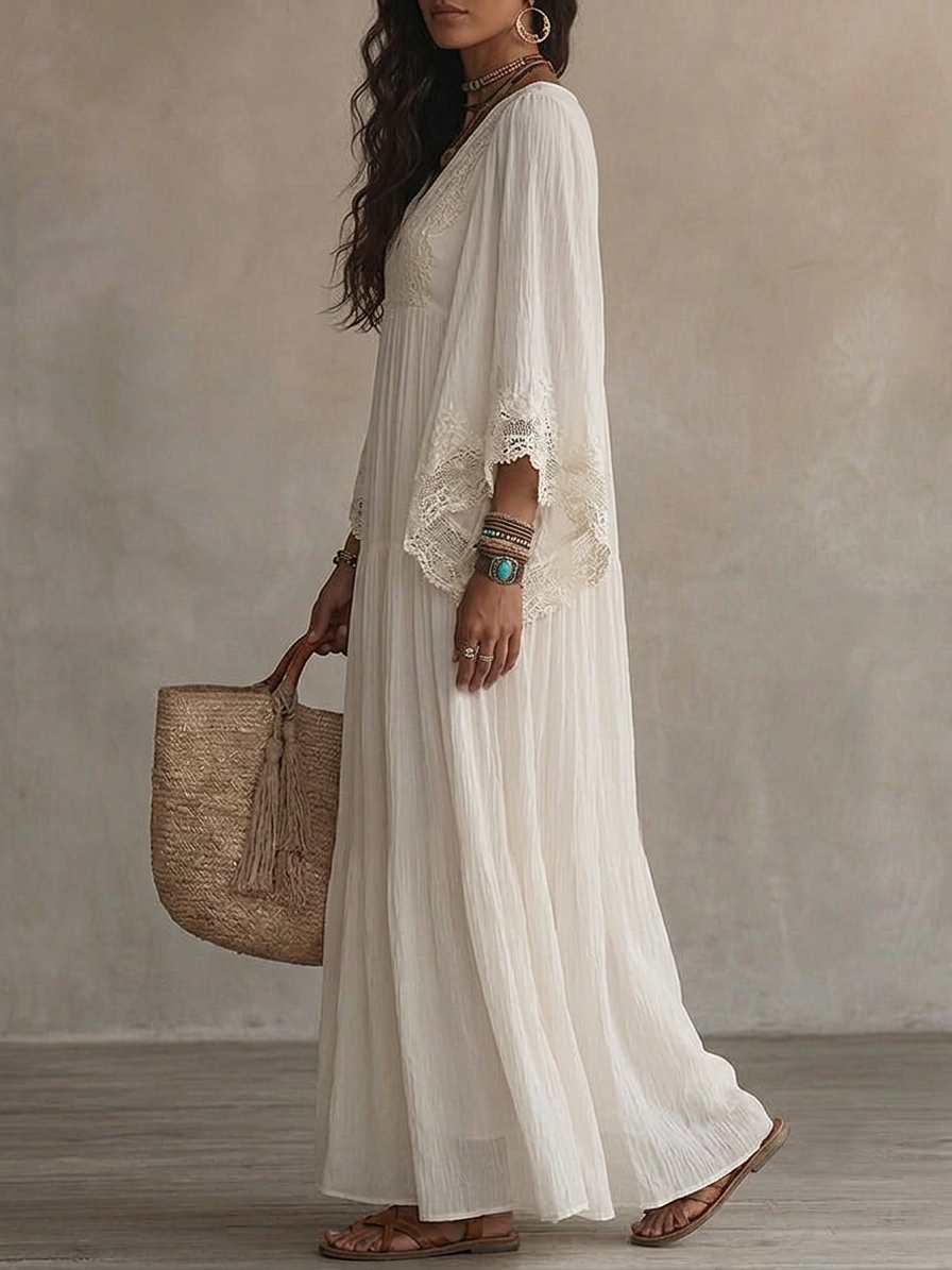 Indara | Vestido longo branco com decote em V para Mulher