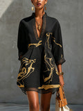 Diana | Vestido curto estampado em preto e dourado com decote em V e renda de crochê para Mulher
