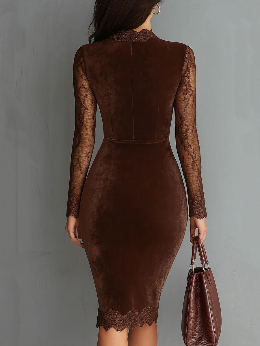 SOFIE | Robe Mini Velours Castanho com Renda Elegante
