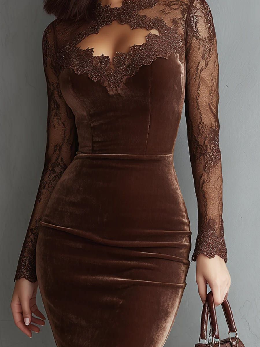 SOFIE | Robe Mini Velours Castanho com Renda Elegante